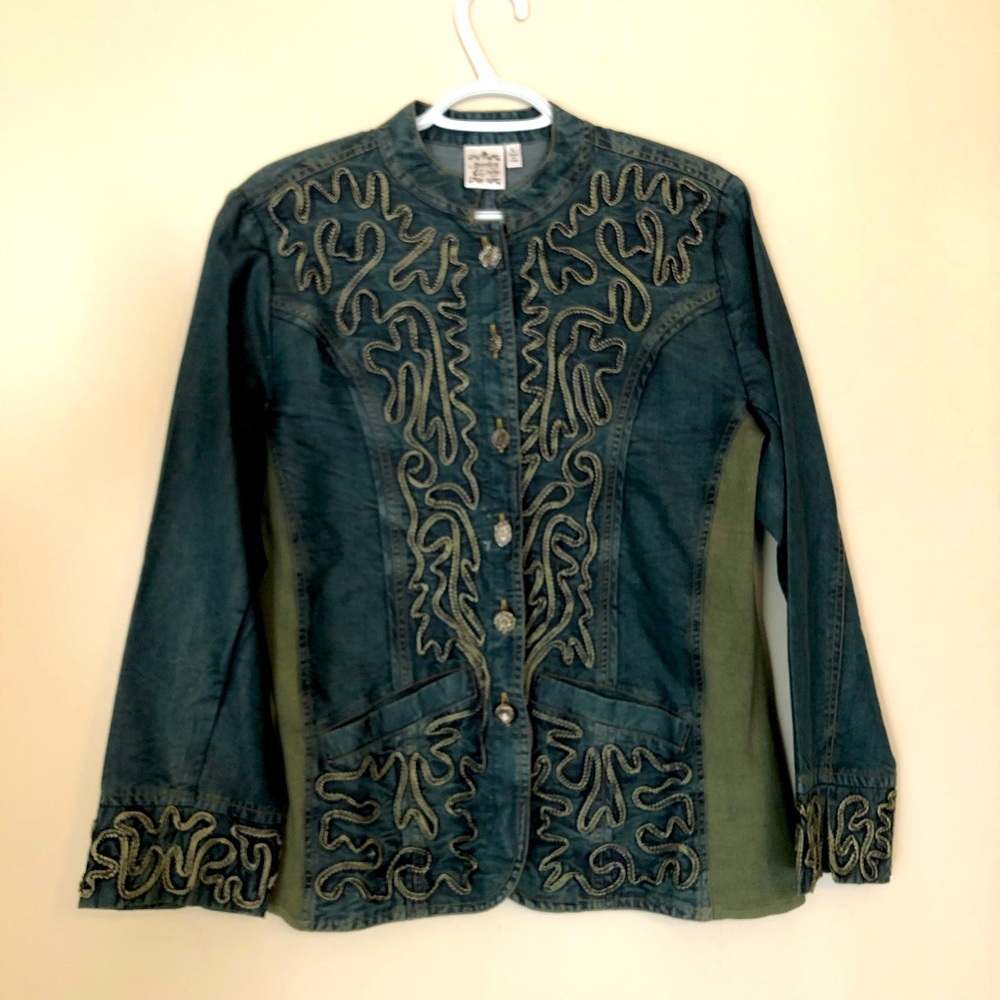 Light denim-look cotton and knit jacket.